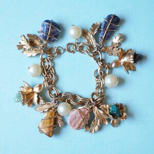 1970s Gemstone Charm Bracelet – Wire Wrapped Crystals, Faux Pearls, Leaf Motif
